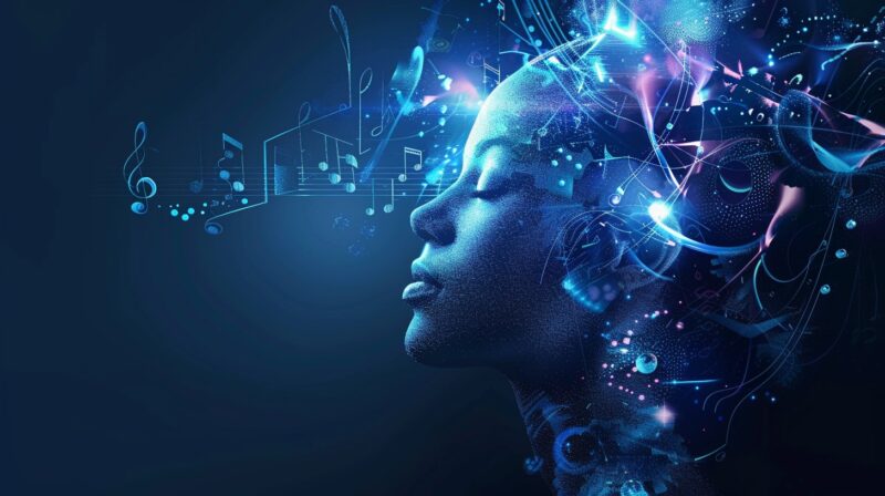 AI girl with music notes around her head, blue song AI