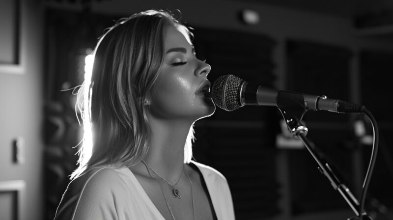 Female blonde singer in a studio singing on microphone, black and white