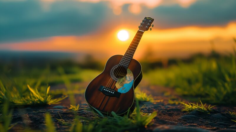 Acoustic guitar on grass with sunset, beautiful nature scenery